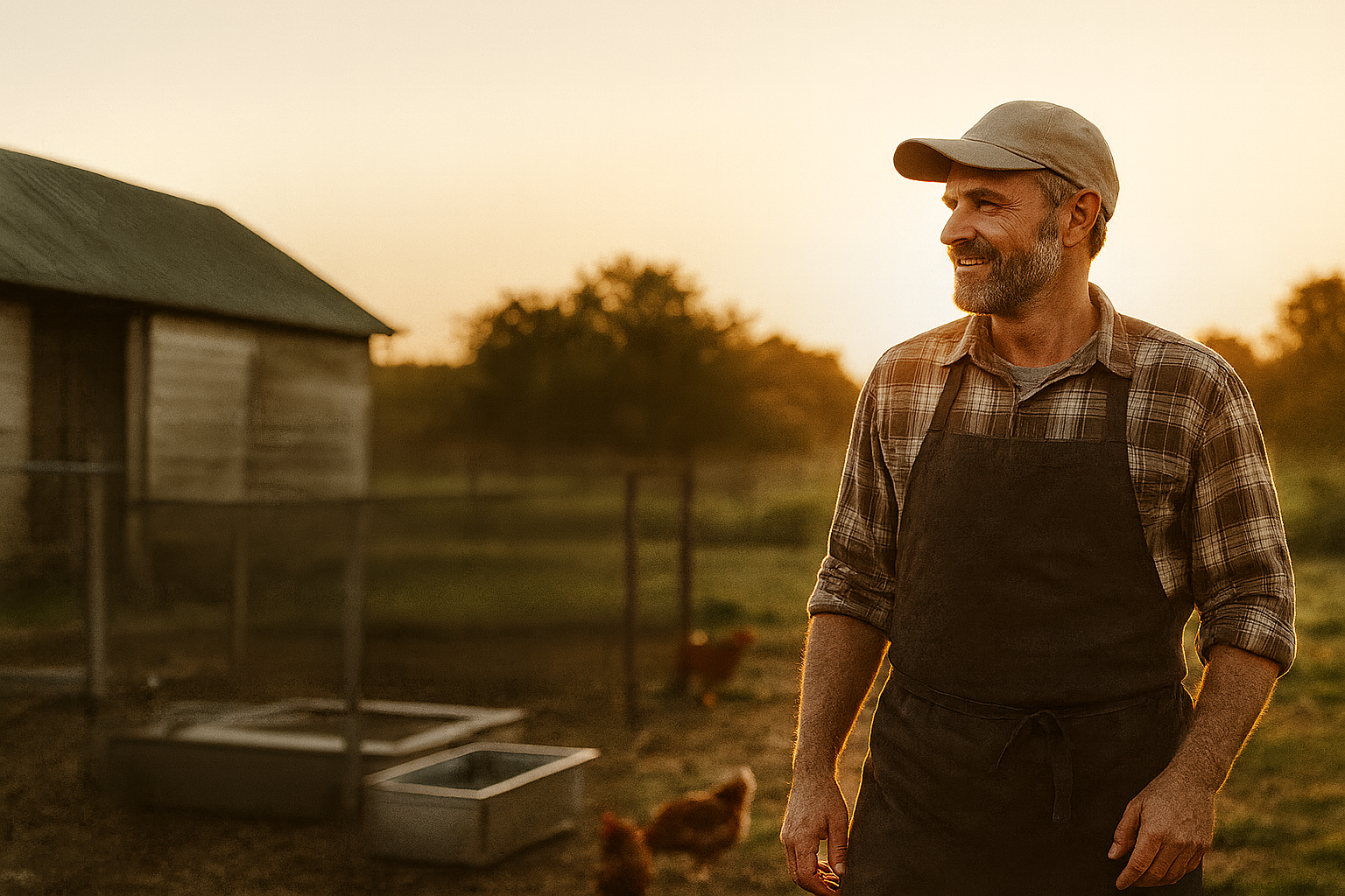 A regional farmer standing in a sunlit pasture